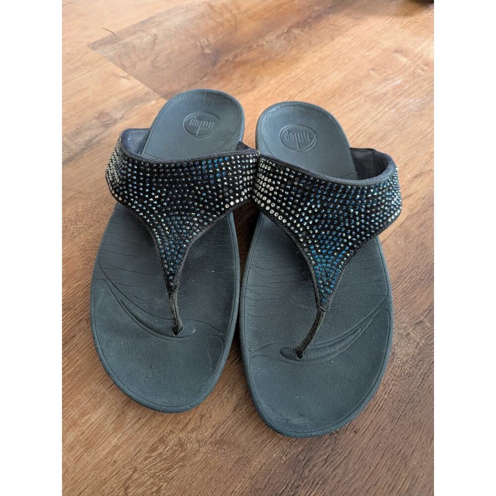 FitFlop Wobbleboard Embellished Toe-Post Sandals Wedge Black Women's Size 9